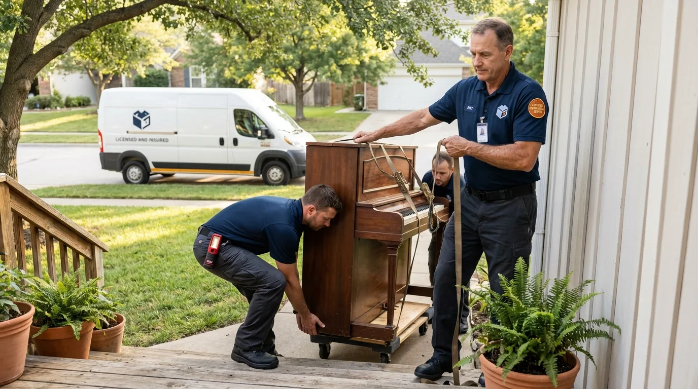 Licensed piano movers securing grand piano in Elizabeth, NJ